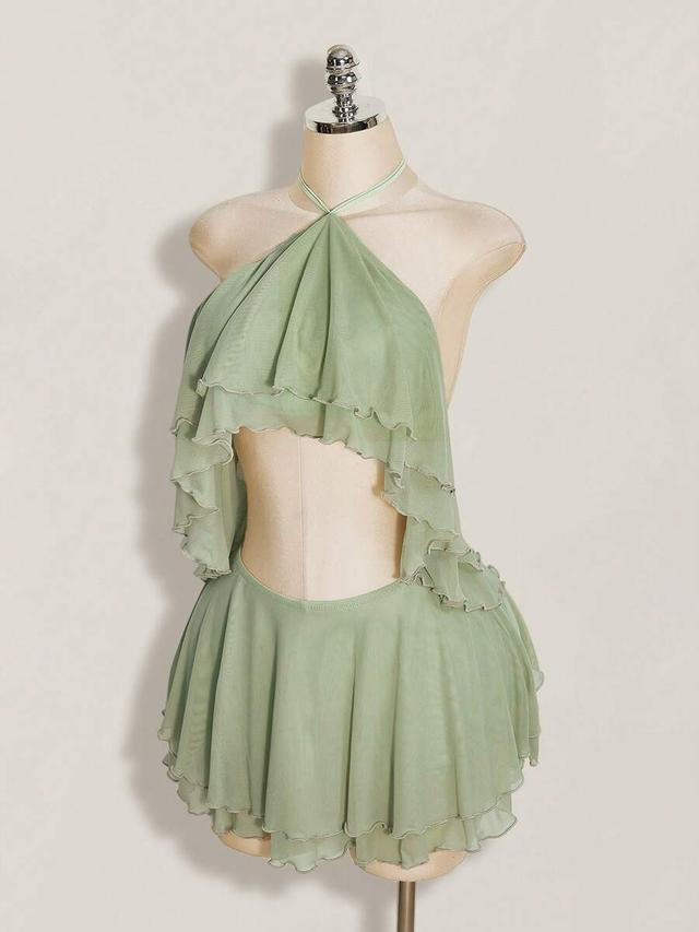 sage green ruffled halter neck mini dress