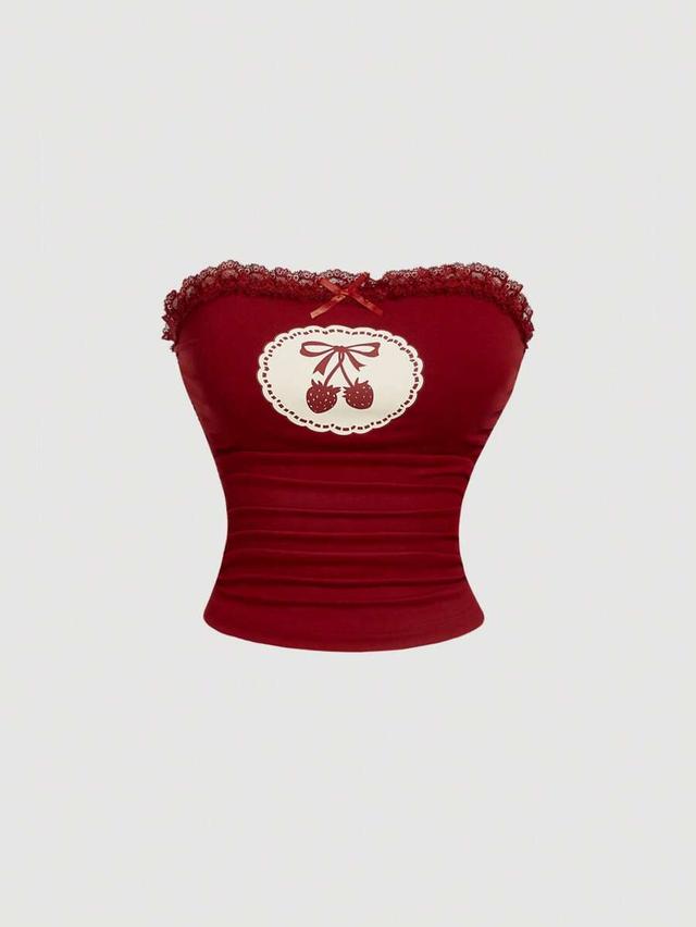 burgundy cherry print ruched lace trim tube top