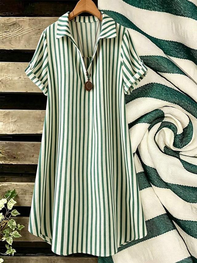 green and white striped cotton shift dress