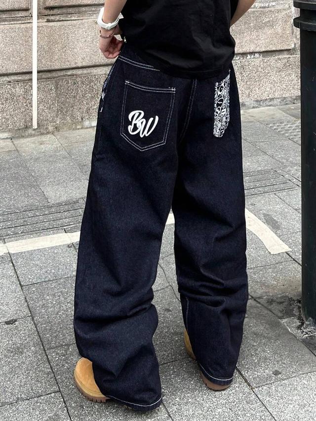 dark wash wide leg printed pocket jeans