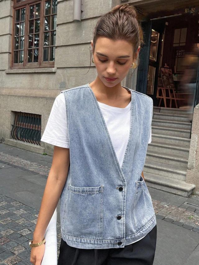 light wash denim v-neck button-front vest