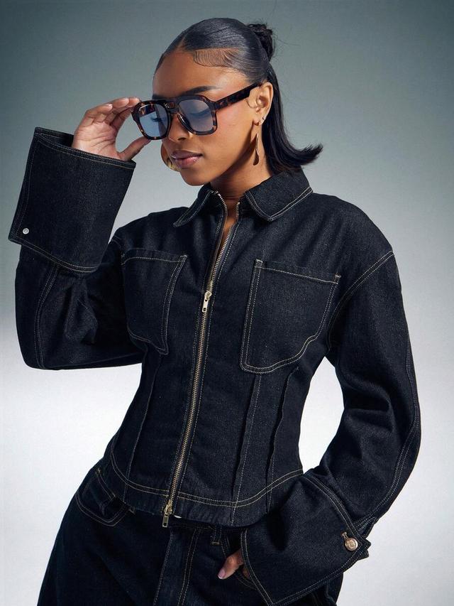 cinched waist long sleeve dark denim zip top