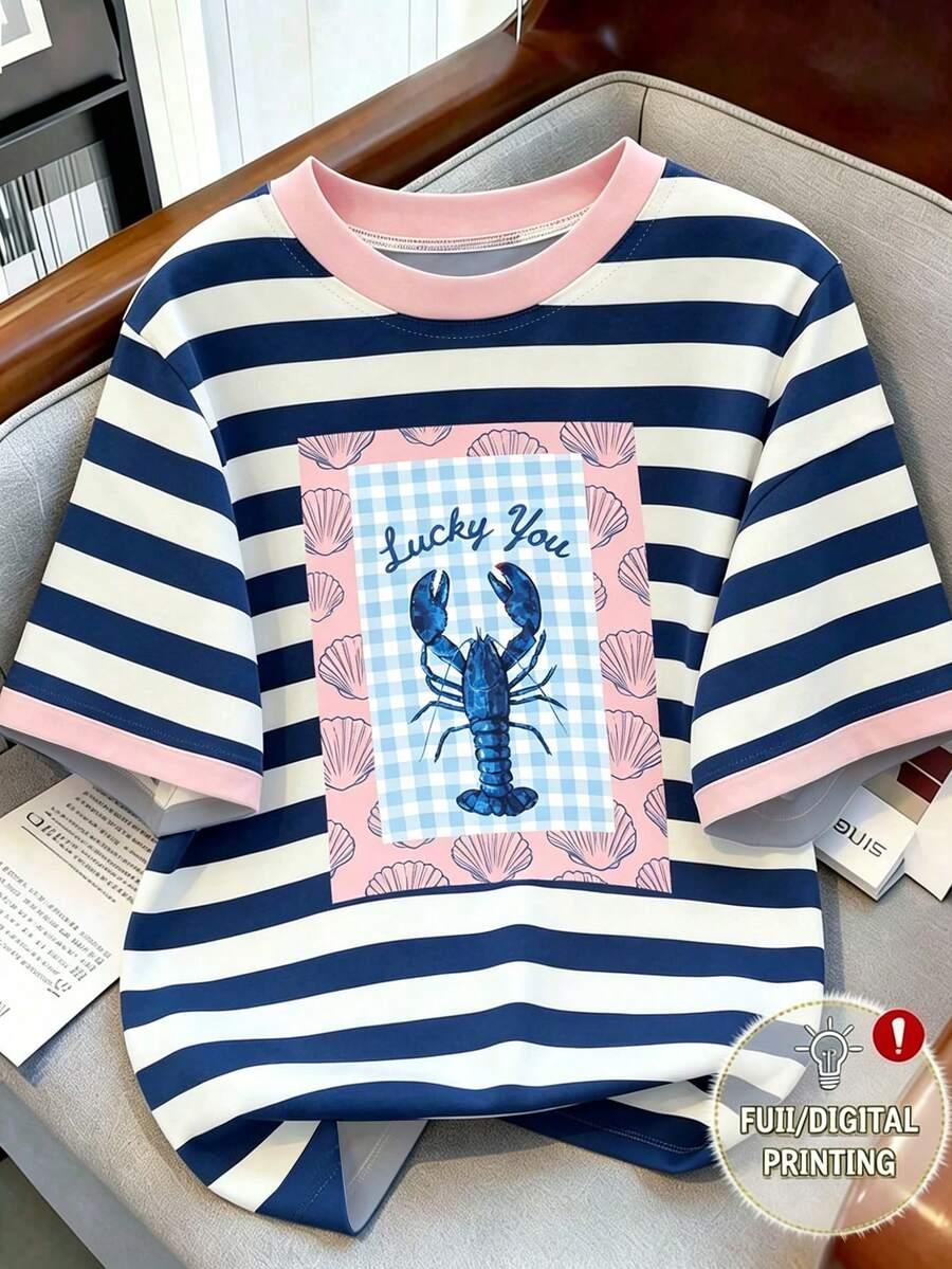 navy and white striped lobster graphic print t-shirt