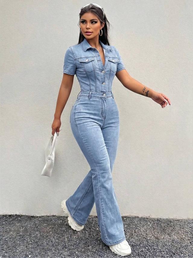 light wash denim short sleeve jumpsuit