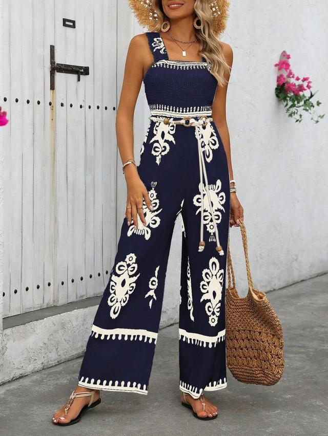 apricot and black floral print wide leg jumpsuit