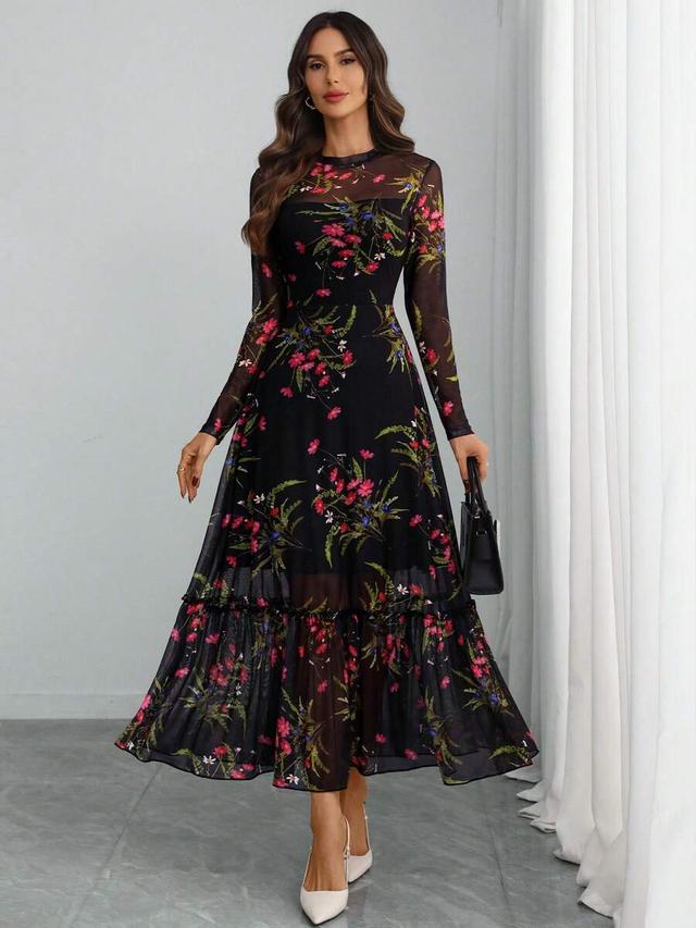 floral print mesh long sleeve ruffle hem dress