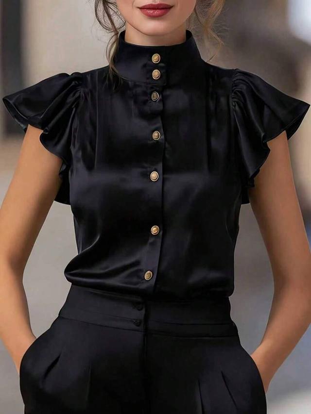 elegant solid color mandarin collar ruffle trim top