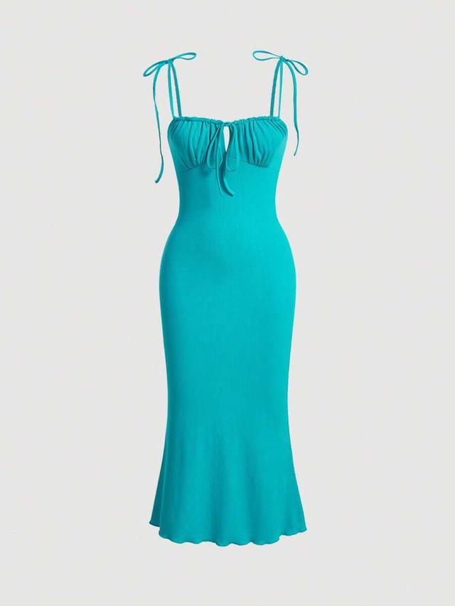 teal tie shoulder ruched bust cami midi dress