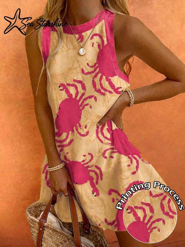women's sleeveless yellow crab print shift dress