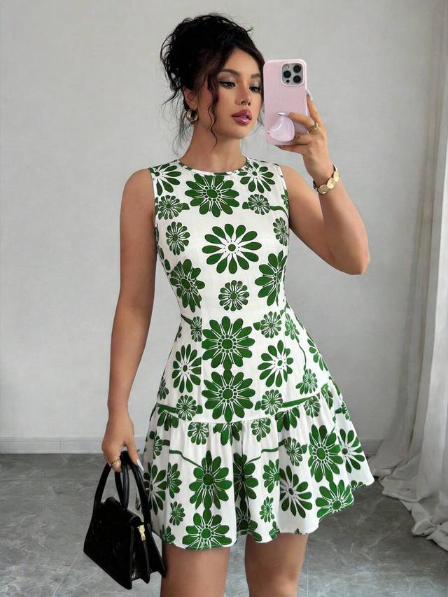 bohemian floral print sleeveless round neck mini dress