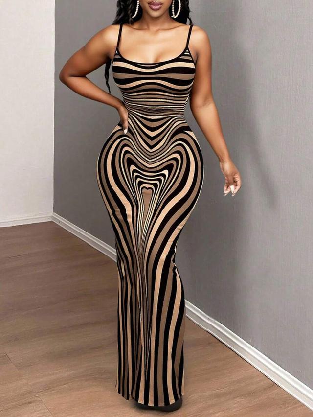 striped bodycon maxi dress with optical illusion print