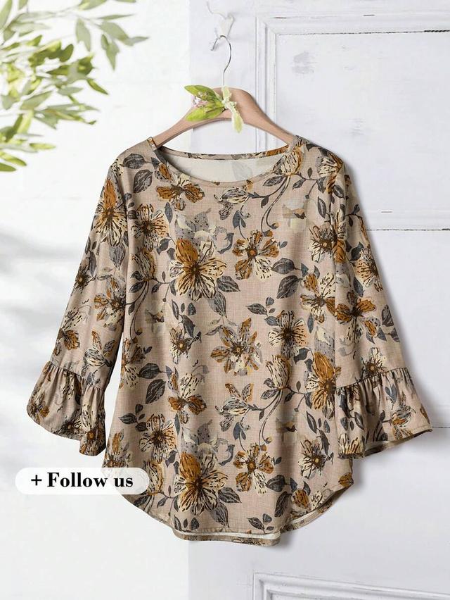 floral print round neck flare sleeve loose shirt