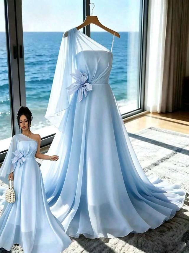 light blue asymmetric shoulder cape maxi dress