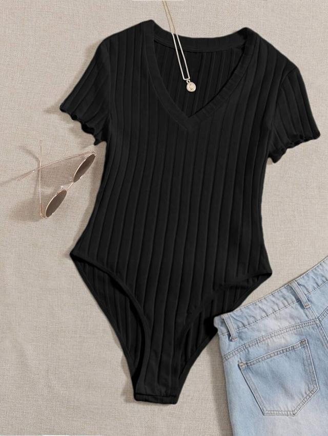 solid black ribbed knit v neck bodysuit