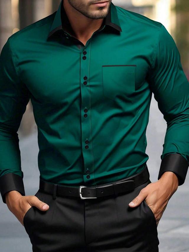 emerald green long sleeve formal shirt with black contrast