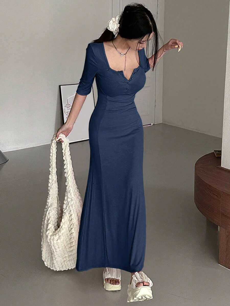 dazy women's solid color round neck half-open collar dress