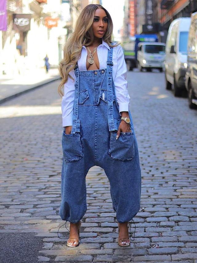 distressed denim drop-crotch overalls with utility pockets