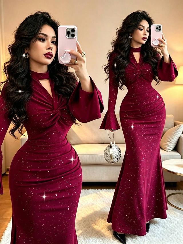 burgundy metallic textured v-neck twist front flare sleeve dress