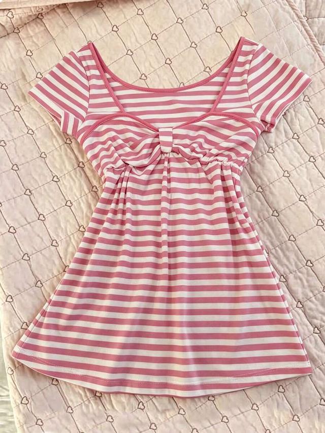 pink and white striped short sleeve casual top