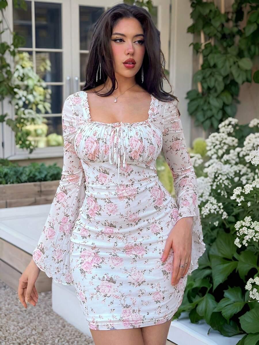 white and pink floral print tie front ruffle dress