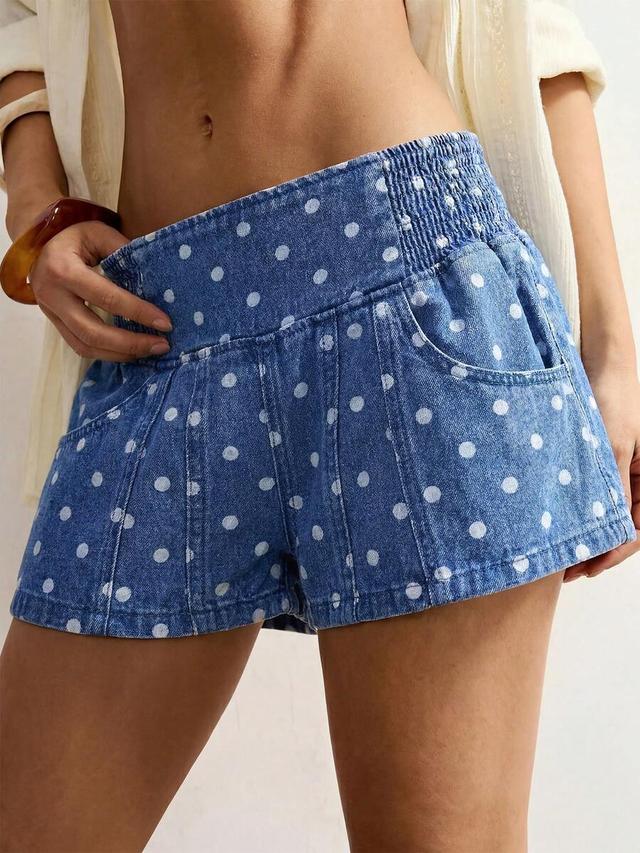 bohemela women's polka dot pattern waist gathered denim shorts