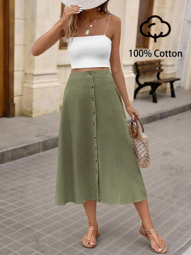 olive green cotton high waist a-line midi skirt