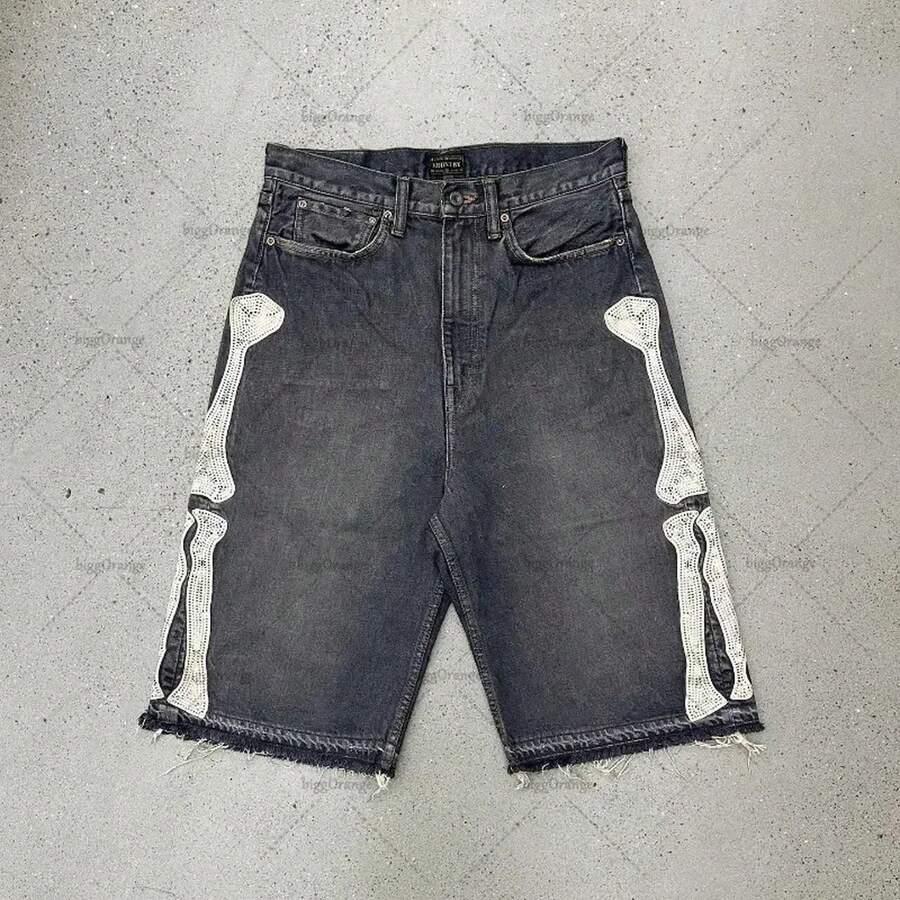 dark grey skeleton men's camo distressed denim cargo shorts