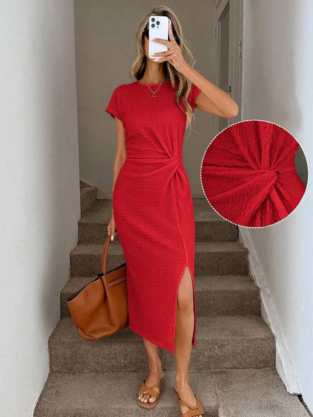 elegant waist twist high slit midi dress
