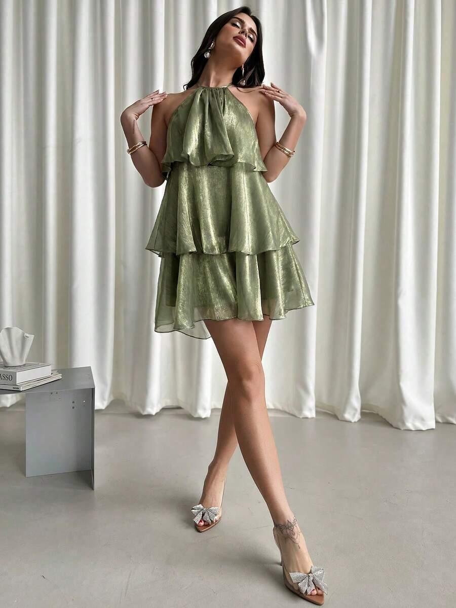 elegant romantic backless layered hem organza halter dress