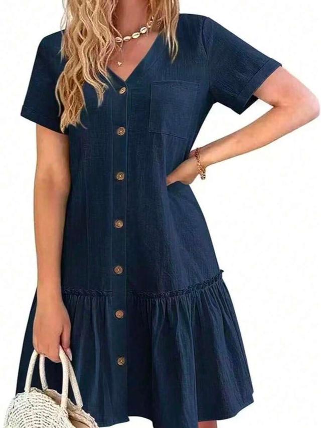 navy v neck short sleeve button down ruffle hem dress