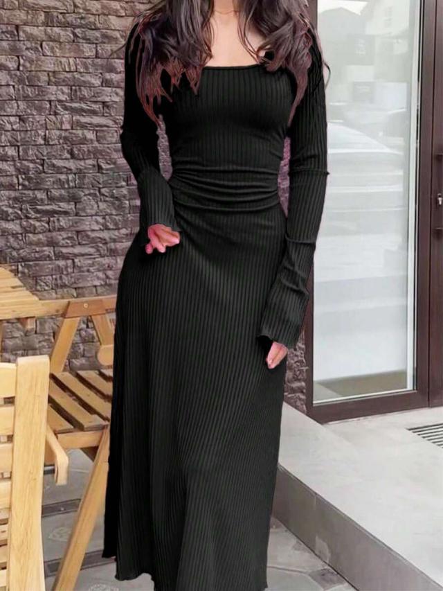 black square neck ribbed knit bodycon dress
