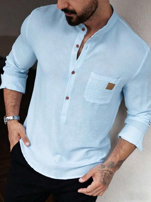 light blue textured band collar long sleeve shirt