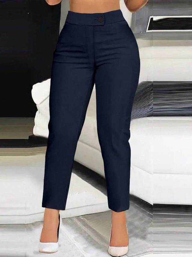 Navy Blue Tailored Button-and-Zipper Casual Trousers