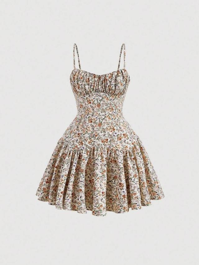 ditsy floral print ruched bust ruffle hem cami dress