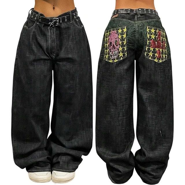 y2k baggy wide leg denim jeans with graphic pockets