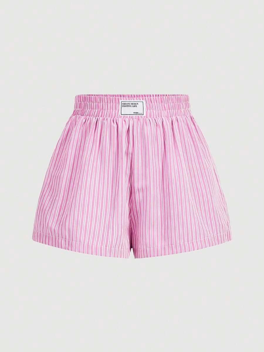 pink stripes and white striped elastic waist shorts