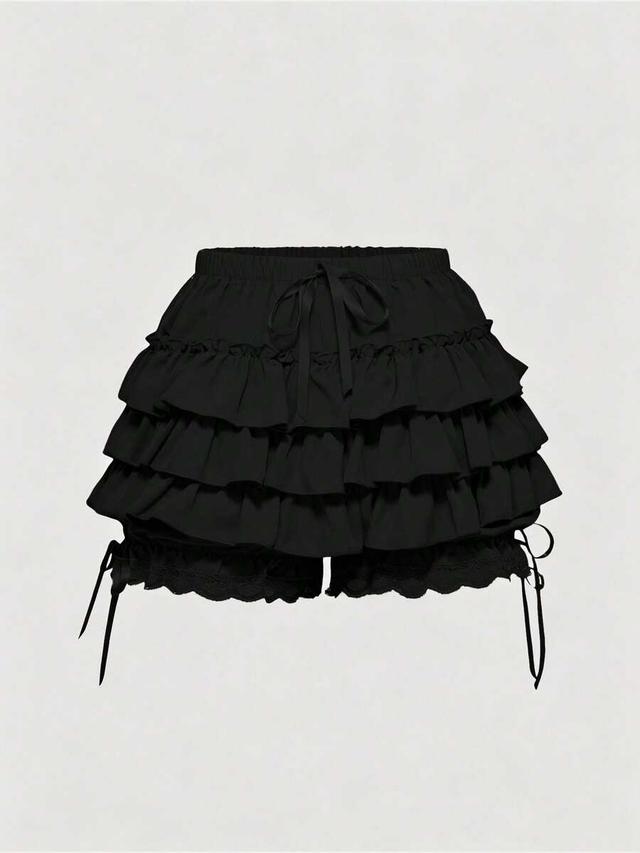 kawaii solid black bow decor layered casual shorts
