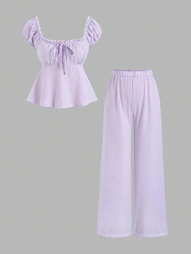 french sweet puff sleeve striped blouse and straight pants