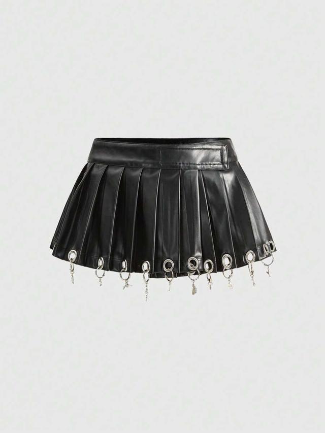 black pu leather mini pleated skirt with ring detail