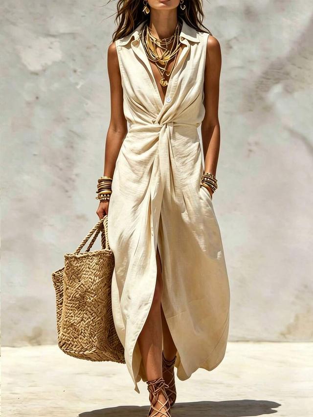 apricot front knot sleeveless casual long dress