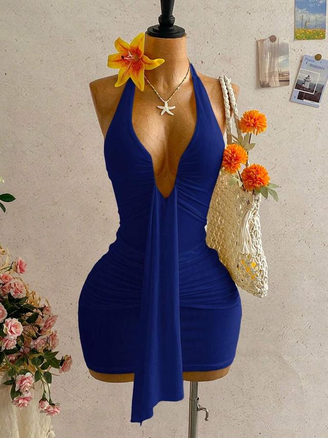 solid blue halter neck tie mini dress