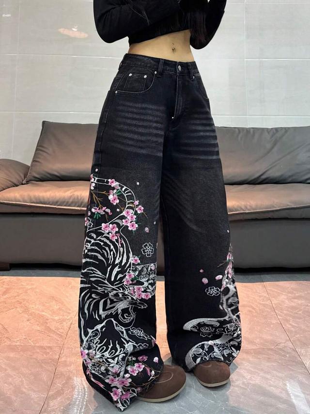 embroidered black wide leg street style denim jeans
