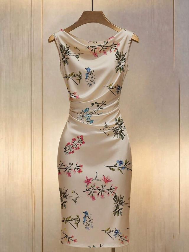 gentle champagne satin floral sleeveless pleated waist dress