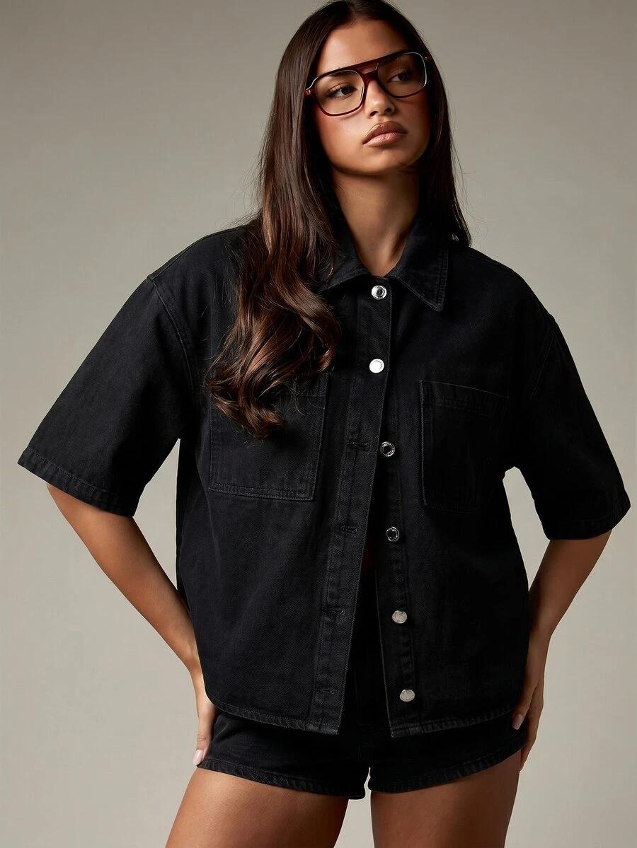 black denim button down short sleeve shirt