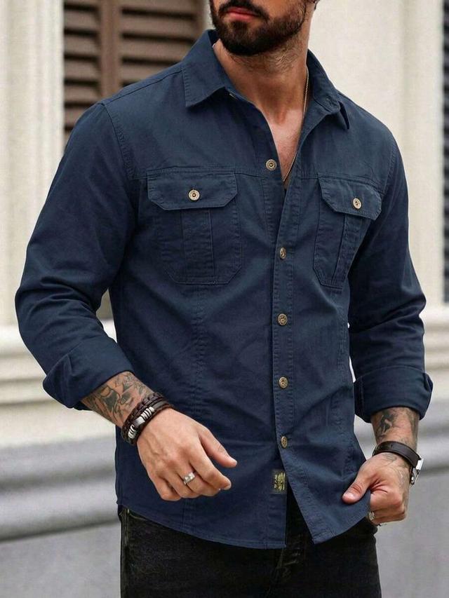 men's navy military style slim fit button-down shirt