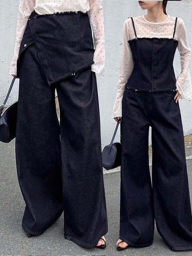 navy blue denim wide leg trousers with wrap waist