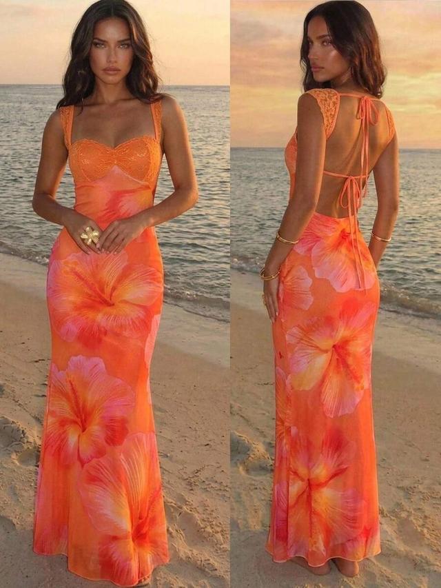 orange floral mesh backless bodycon maxi dress