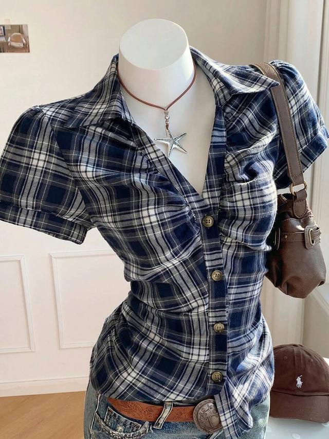 navy blue striped short puff sleeve casual shirt