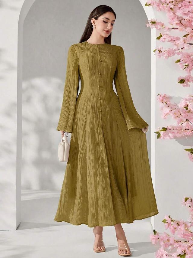 modelyn women's elegant solid color textured button dress