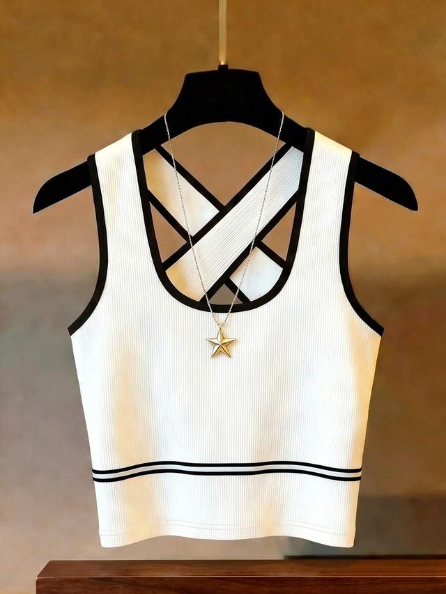 white and black ribbed knit crossover tank top
